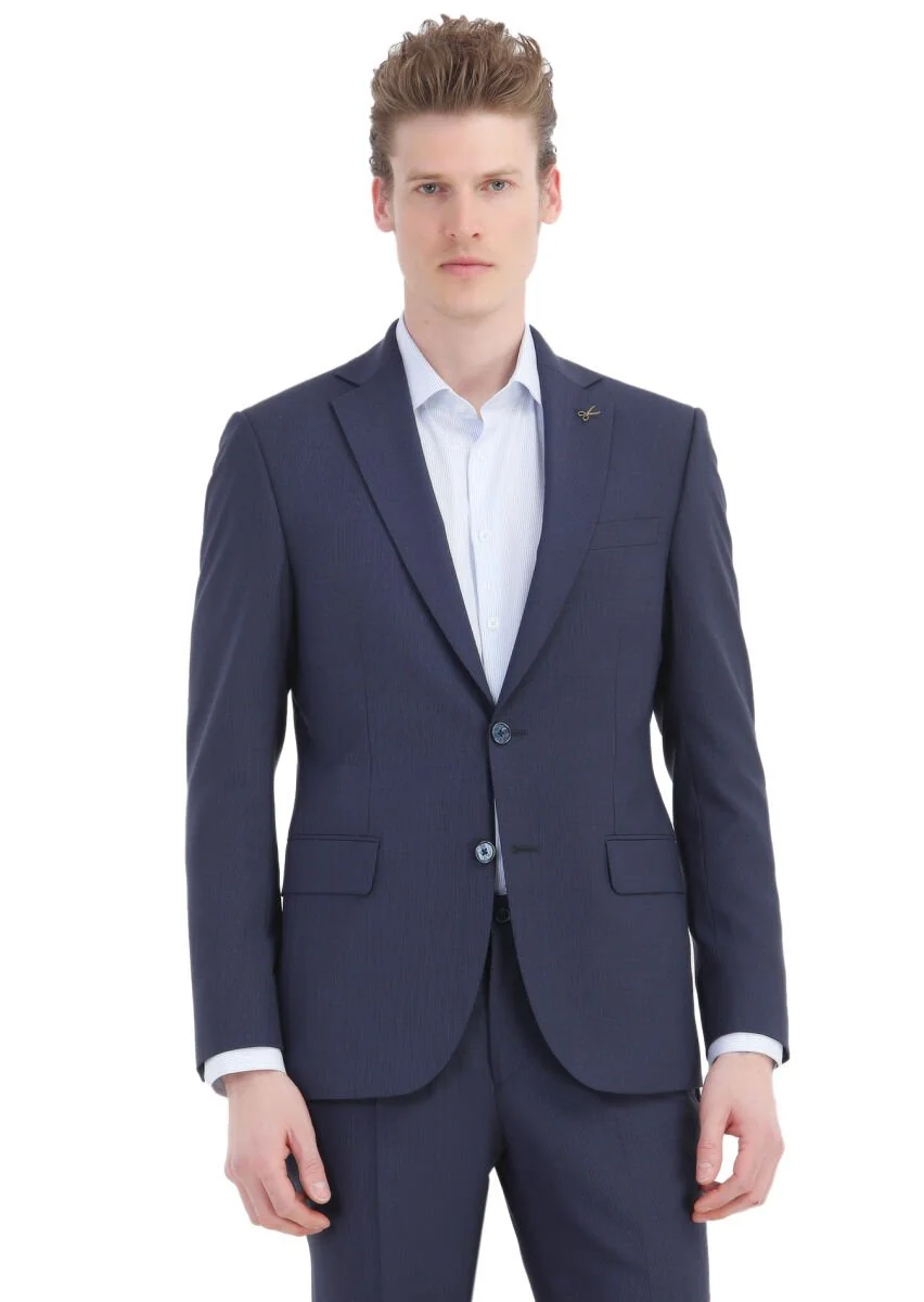 Lacivert Çizgili Modern Fit Yün Karışımlı Takım Elbise - 3
