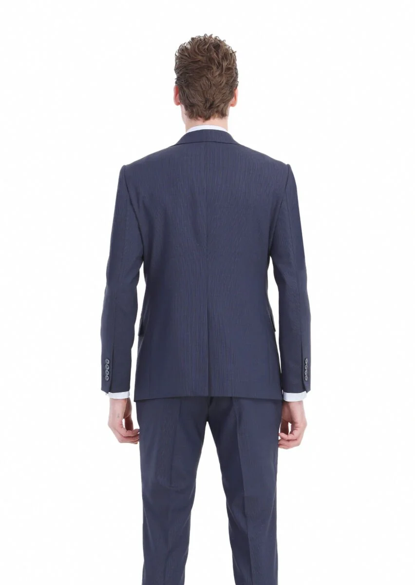 Lacivert Çizgili Modern Fit Yün Karışımlı Takım Elbise - 10