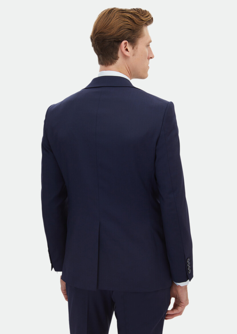 Lacivert Çizgili Modern Fit Yün Karışımlı Takım Elbise - 8