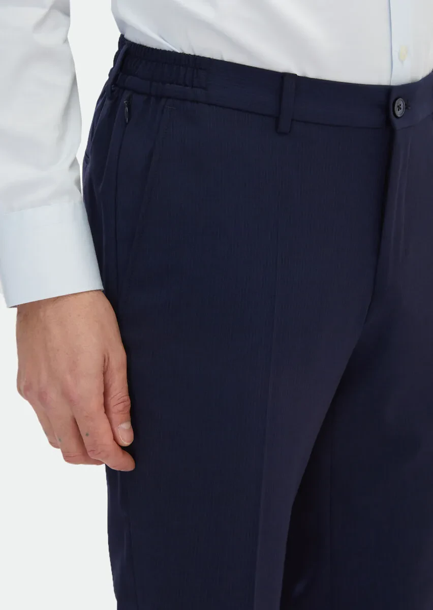 Lacivert Çizgili Modern Fit Yün Karışımlı Takım Elbise - 6