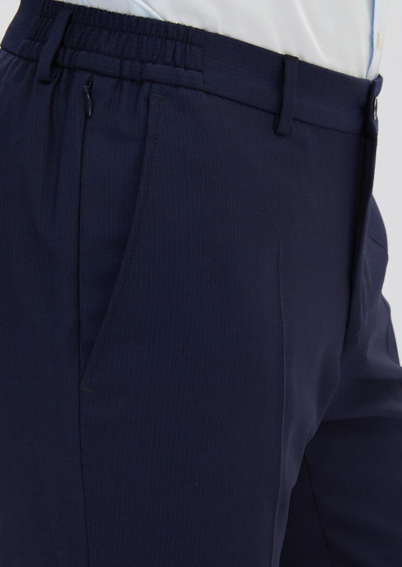 Lacivert Çizgili Modern Fit Yün Karışımlı Takım Elbise - 7