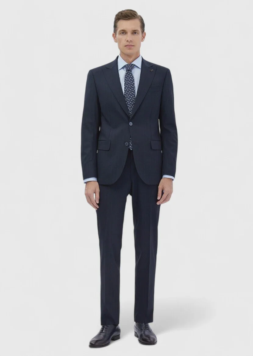 Lacivert Çizgili Modern Fit Yün Karışımlı Takım Elbise - 2
