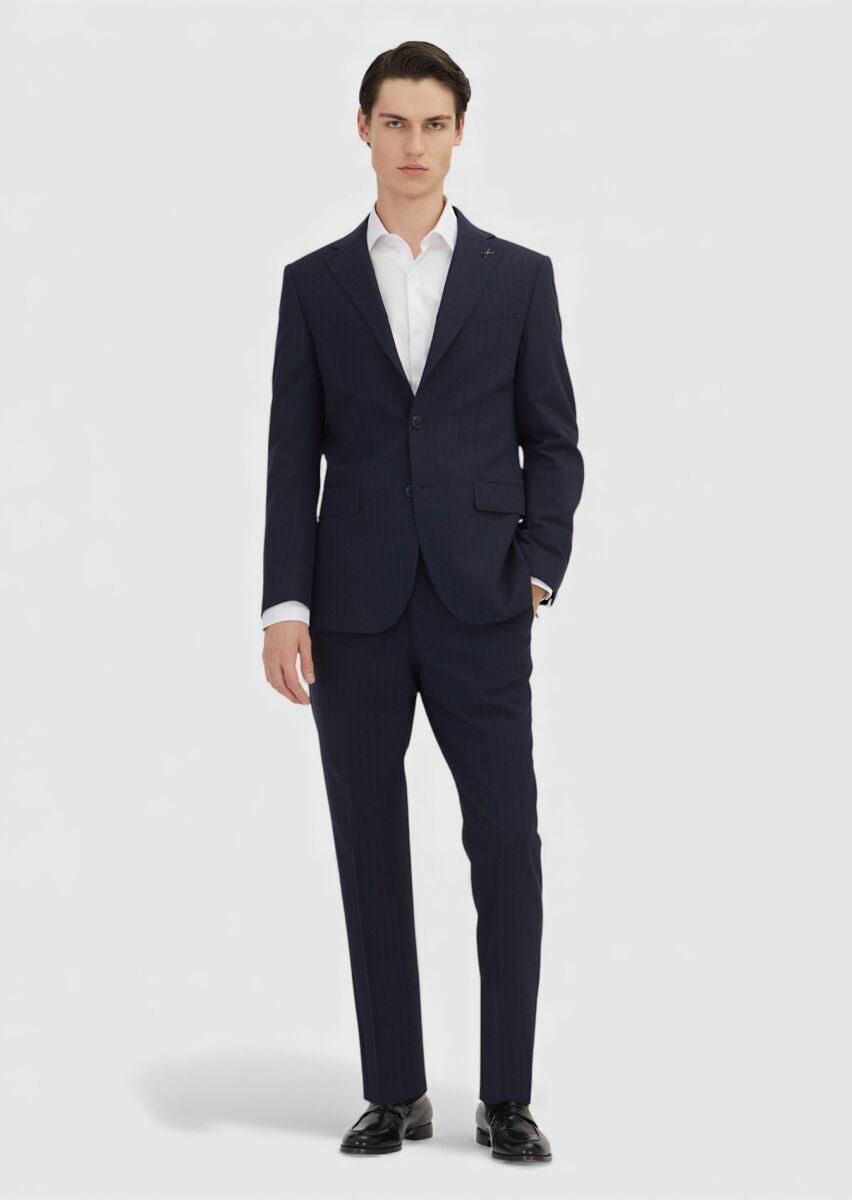 Lacivert Çizgili Modern Fit Yün Karışımlı Takım Elbise - 1