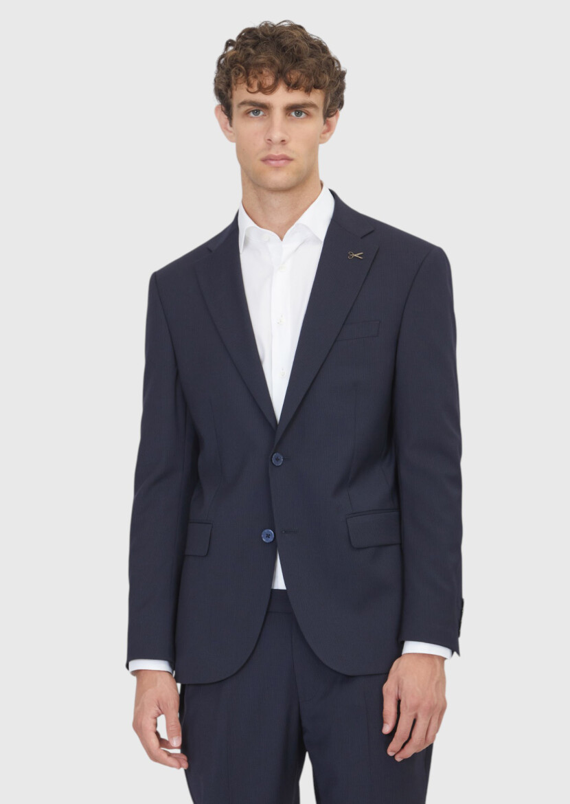 Lacivert Çizgili Modern Fit Yün Karışımlı Takım Elbise 