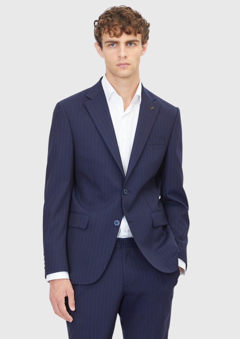 Lacivert Çizgili Modern Fit Yün Karışımlı Takım Elbise - 1