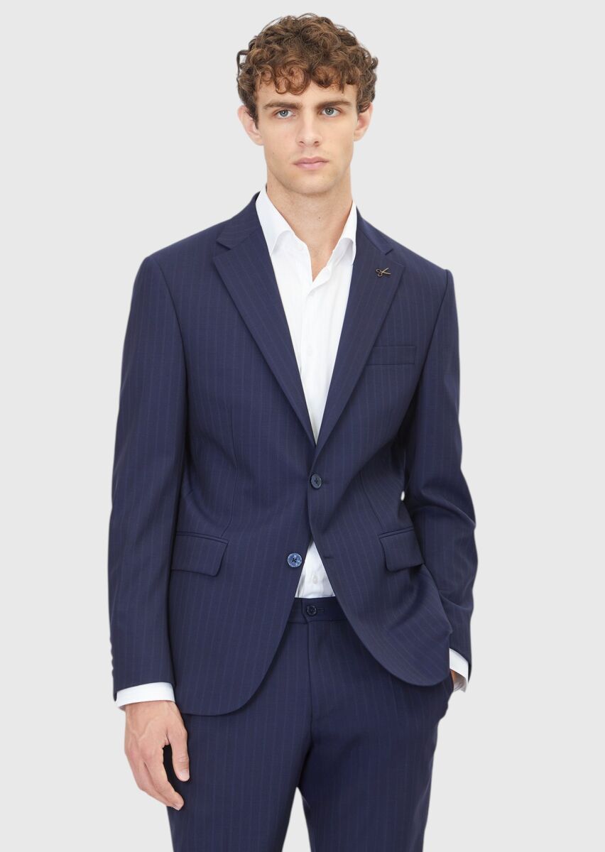 Lacivert Çizgili Modern Fit Yün Karışımlı Takım Elbise - 1