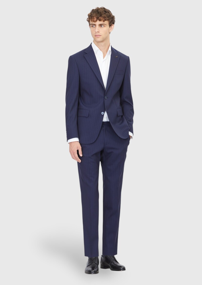 Lacivert Çizgili Modern Fit Yün Karışımlı Takım Elbise - 2