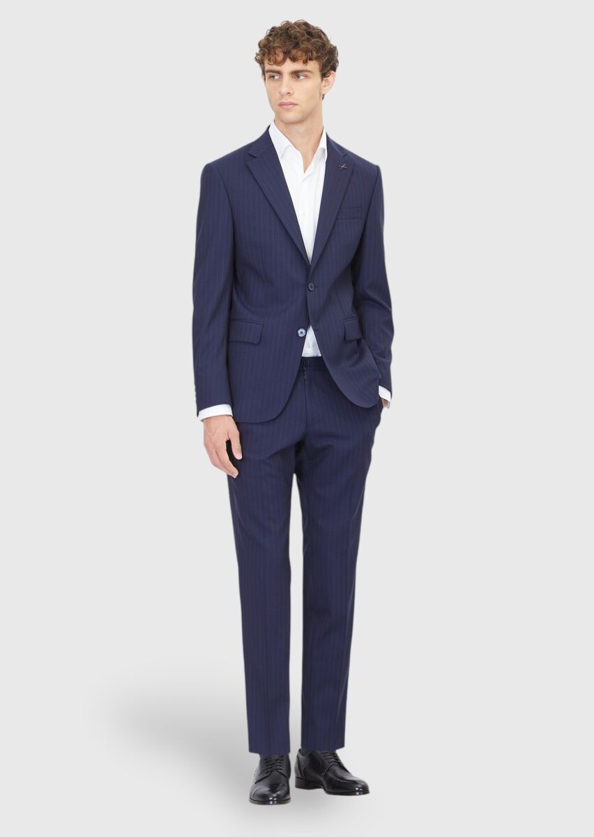 Lacivert Çizgili Modern Fit Yün Karışımlı Takım Elbise - 2