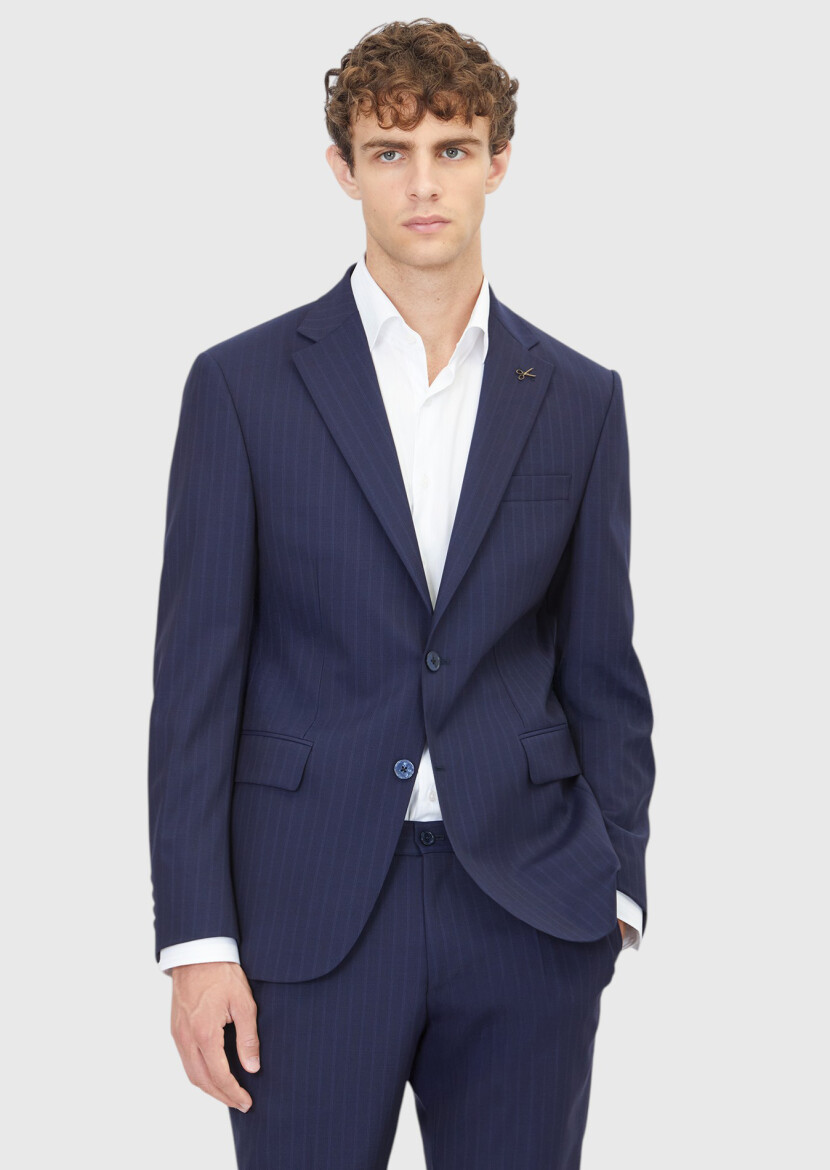 Lacivert Çizgili Modern Fit Yün Karışımlı Takım Elbise - RAMSEY