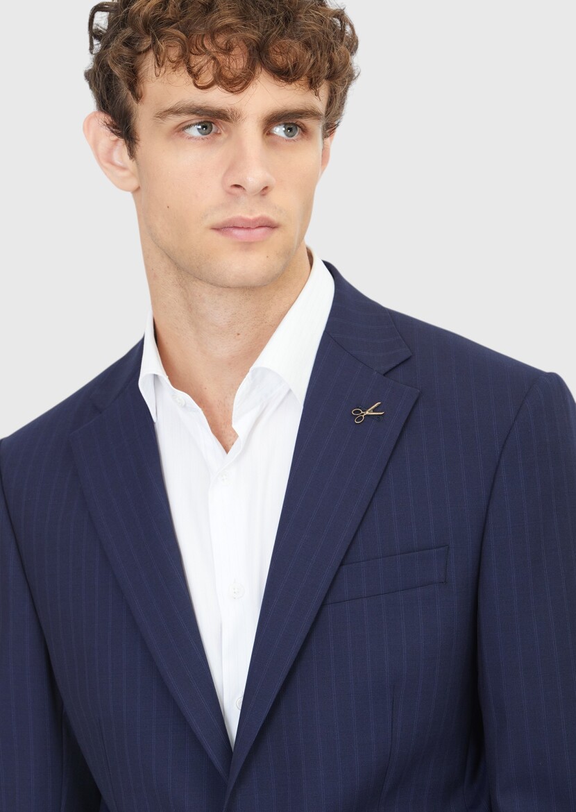 Lacivert Çizgili Modern Fit Yün Karışımlı Takım Elbise - 3