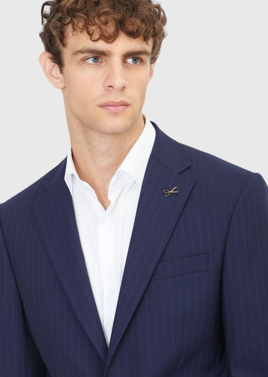 Lacivert Çizgili Modern Fit Yün Karışımlı Takım Elbise - 3