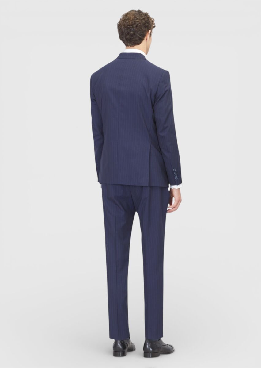 Lacivert Çizgili Modern Fit Yün Karışımlı Takım Elbise - 6