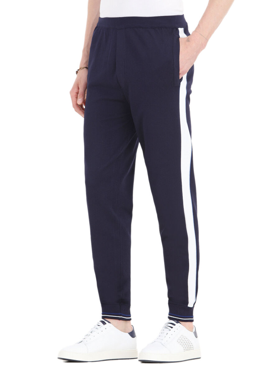 Lacivert Çizgili Örme Jogging Fit Casual Triko Pantolon - 1