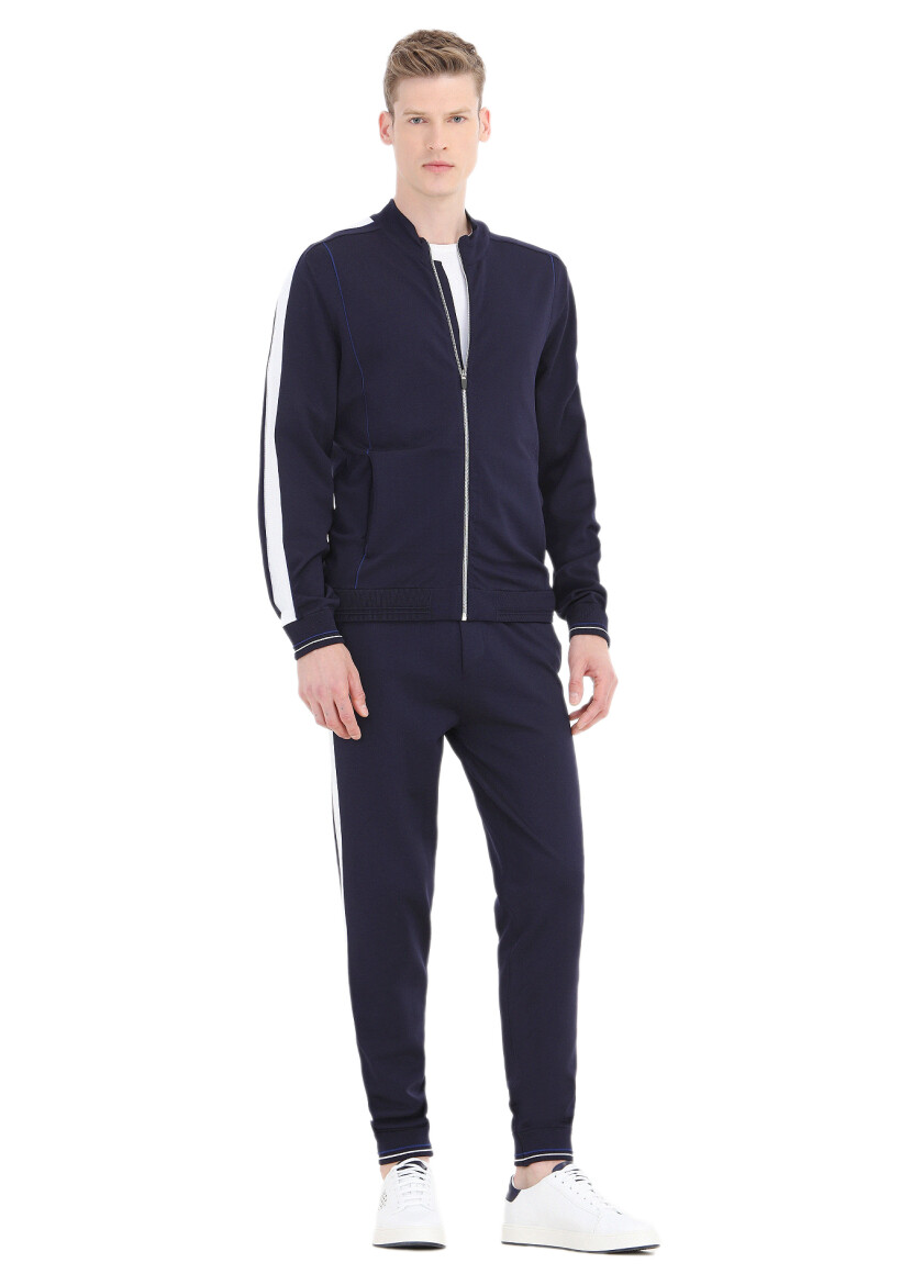 Lacivert Çizgili Örme Jogging Fit Casual Triko Pantolon - 3