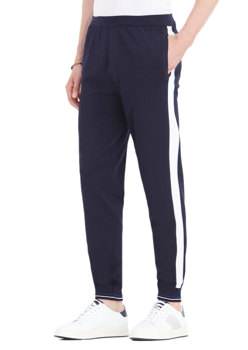 Lacivert Çizgili Örme Jogging Fit Casual Trıko Pantolon 