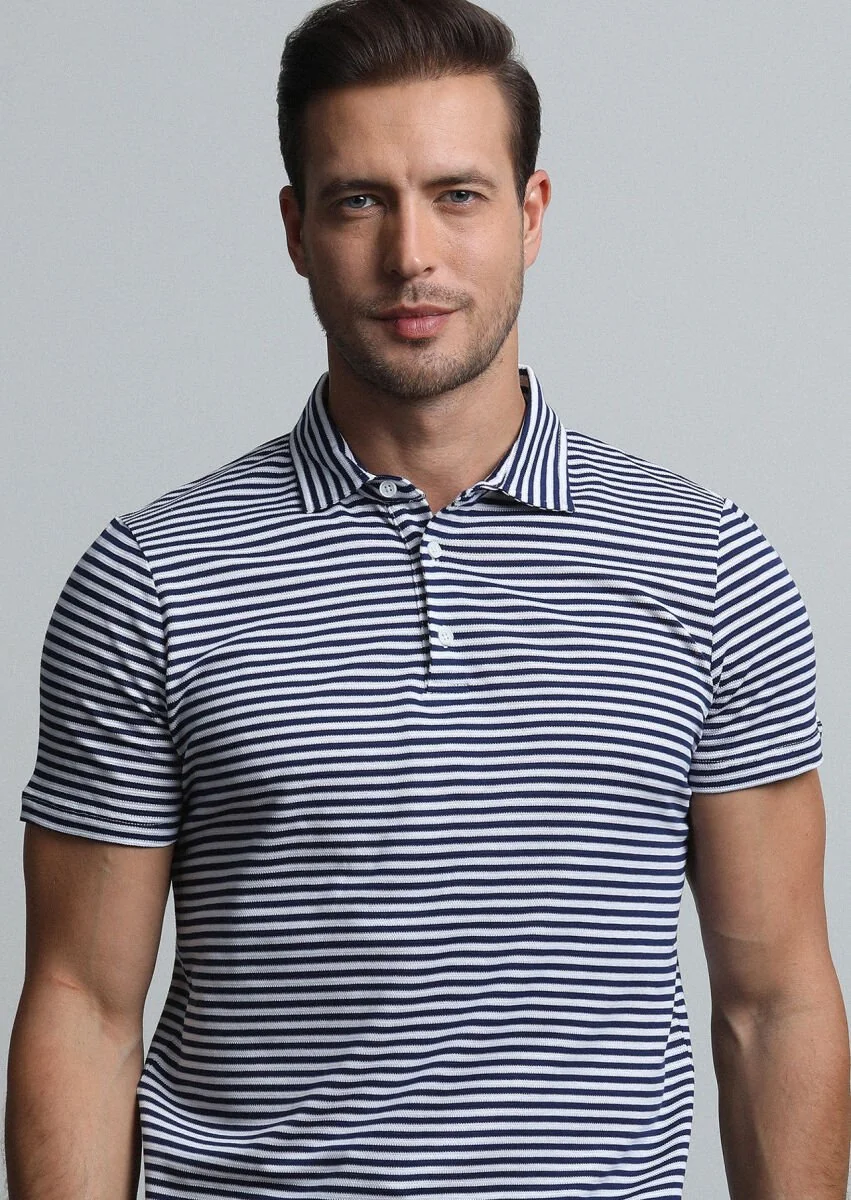 Lacivert Çizgili Polo Yaka %100 Pamuk T-Shirt - 2