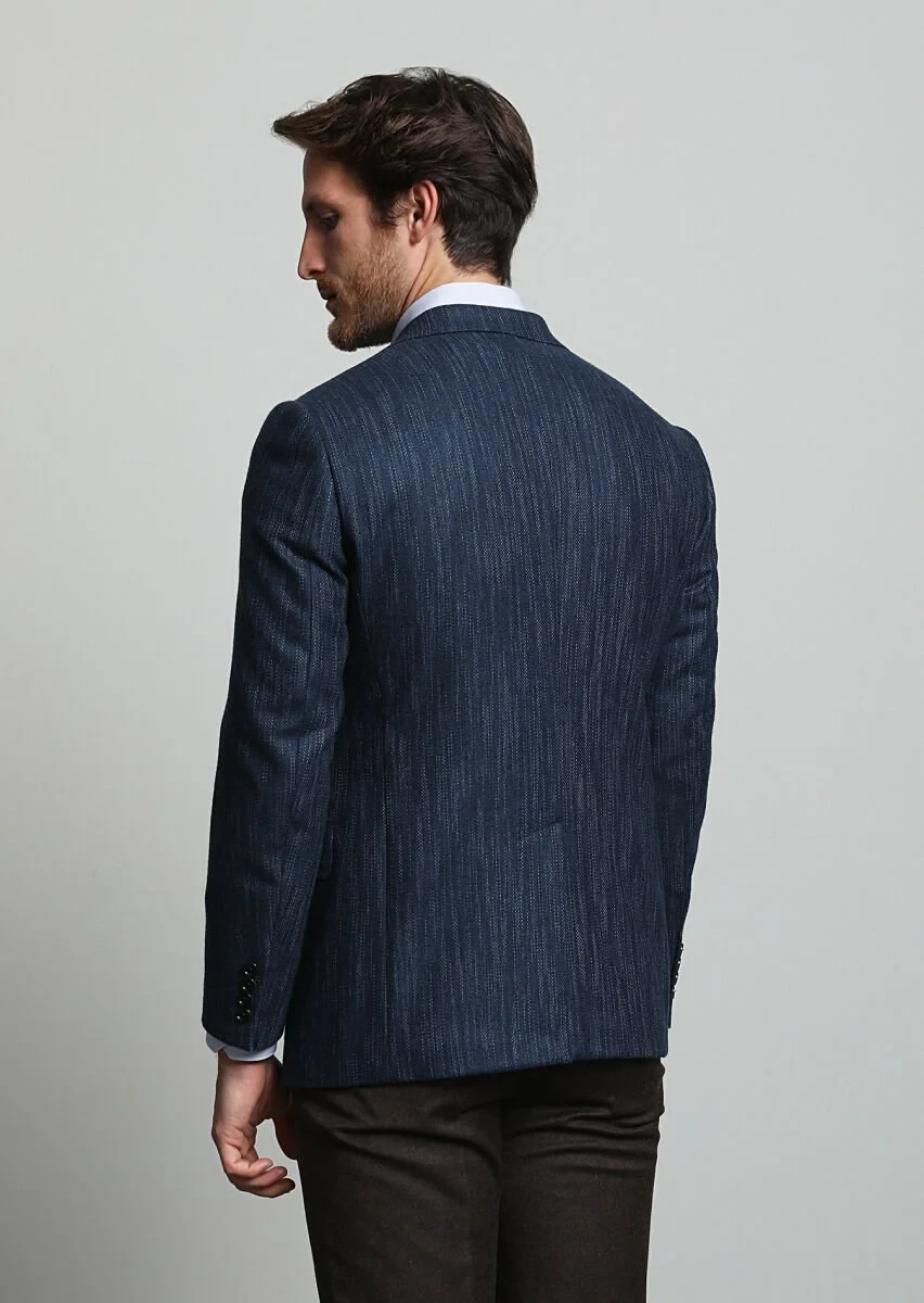 Lacivert Çizgili Regular Fit %100 Kaşmir Ceket - 4