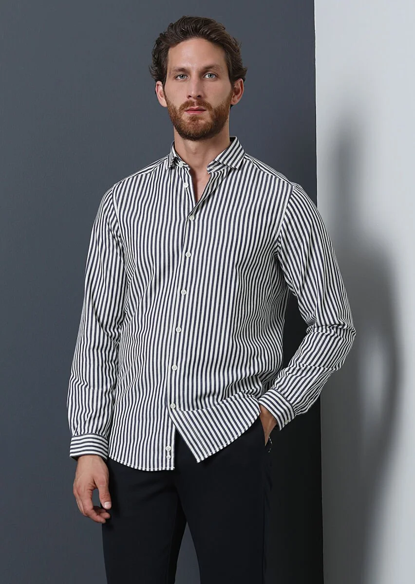 Lacivert Çizgili Regular Fit Dokuma Casual %100 Pamuk Gömlek - 1