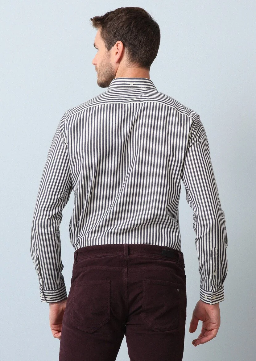 Lacivert Çizgili Regular Fit Dokuma Casual %100 Pamuk Gömlek - 5