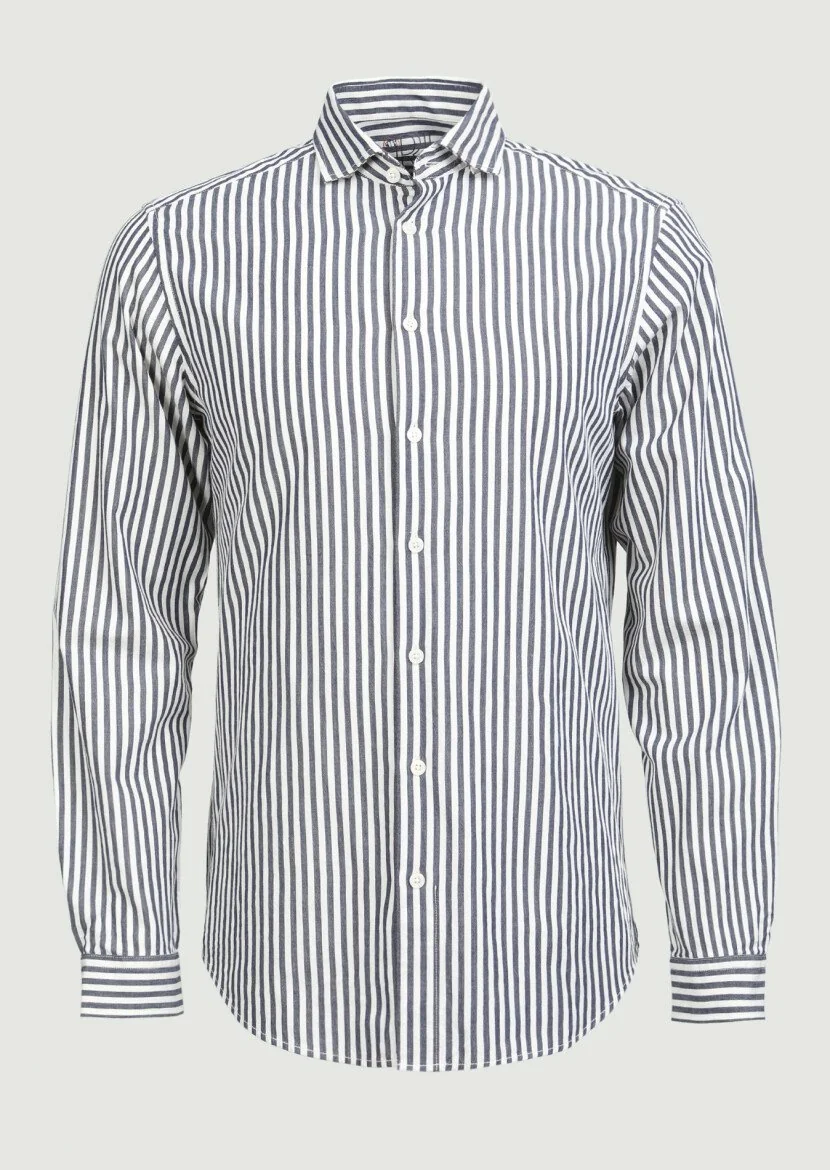 Lacivert Çizgili Regular Fit Dokuma Casual %100 Pamuk Gömlek - 6