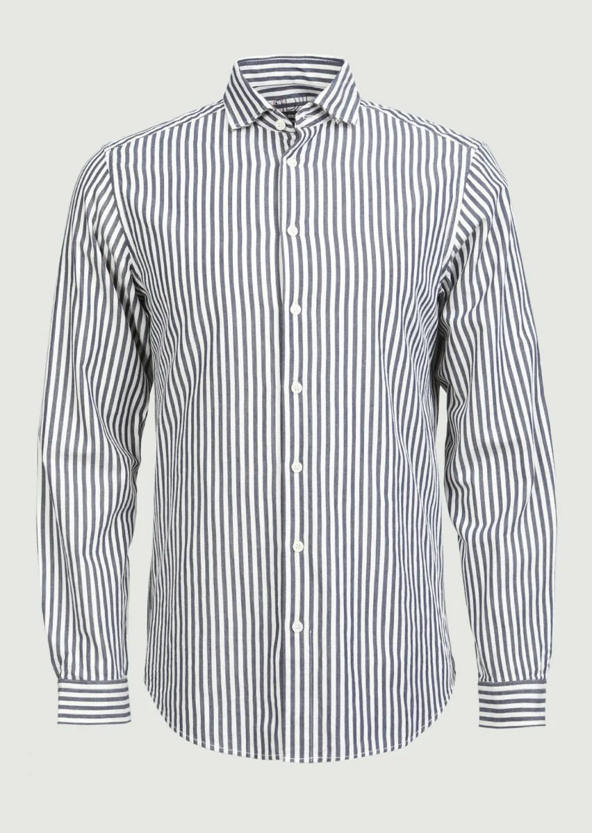 Lacivert Çizgili Regular Fit Dokuma Casual %100 Pamuk Gömlek - 6