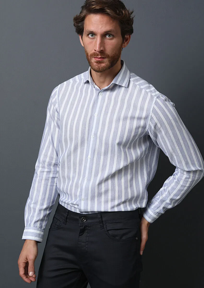 Lacivert Çizgili Regular Fit Dokuma Casual %100 Pamuk Gömlek - 2