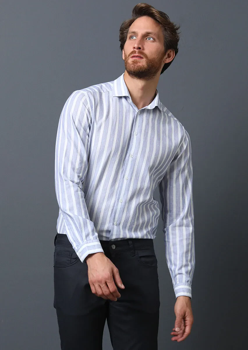 Lacivert Çizgili Regular Fit Dokuma Casual %100 Pamuk Gömlek - 4