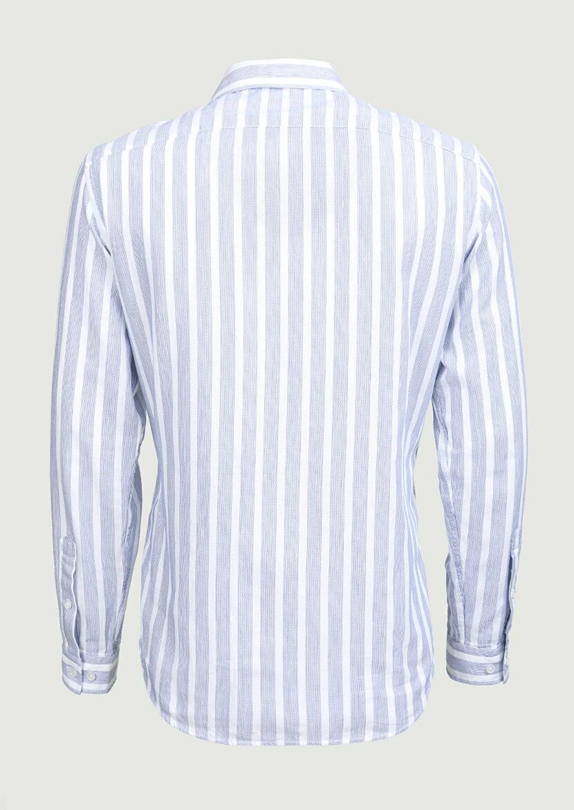 Lacivert Çizgili Regular Fit Dokuma Casual %100 Pamuk Gömlek - 7