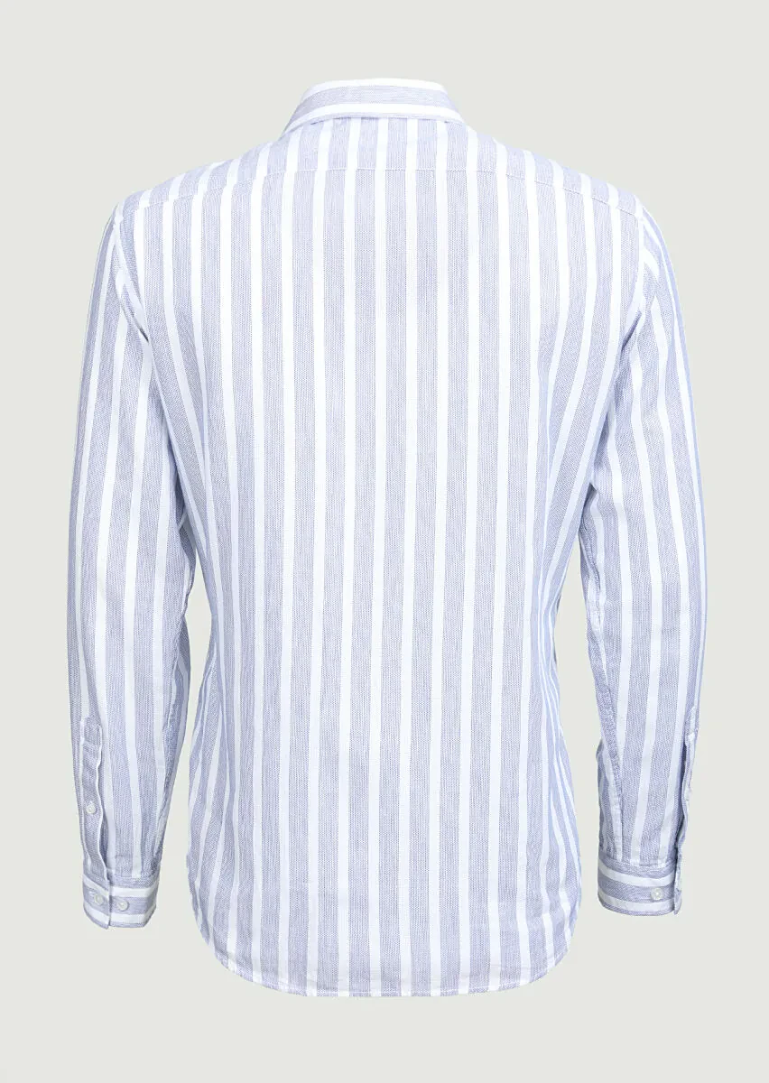 Lacivert Çizgili Regular Fit Dokuma Casual %100 Pamuk Gömlek - 7