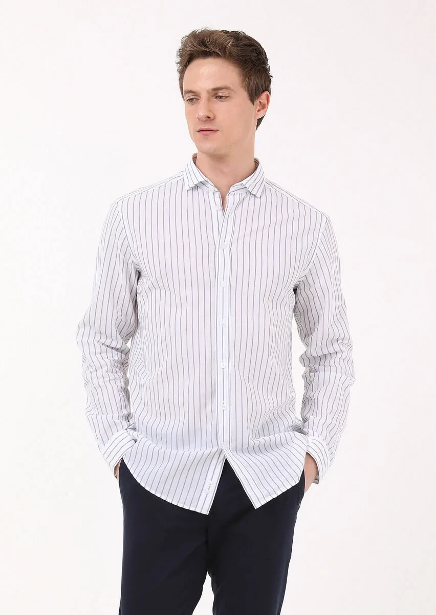 Lacivert Çizgili Regular Fit Dokuma Casual Pamuk Karışımlı Gömlek - 3