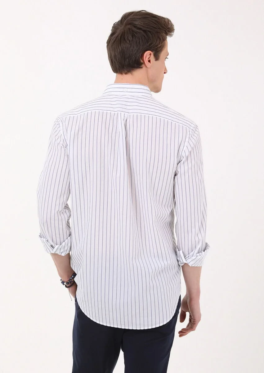 Lacivert Çizgili Regular Fit Dokuma Casual Pamuk Karışımlı Gömlek - 5
