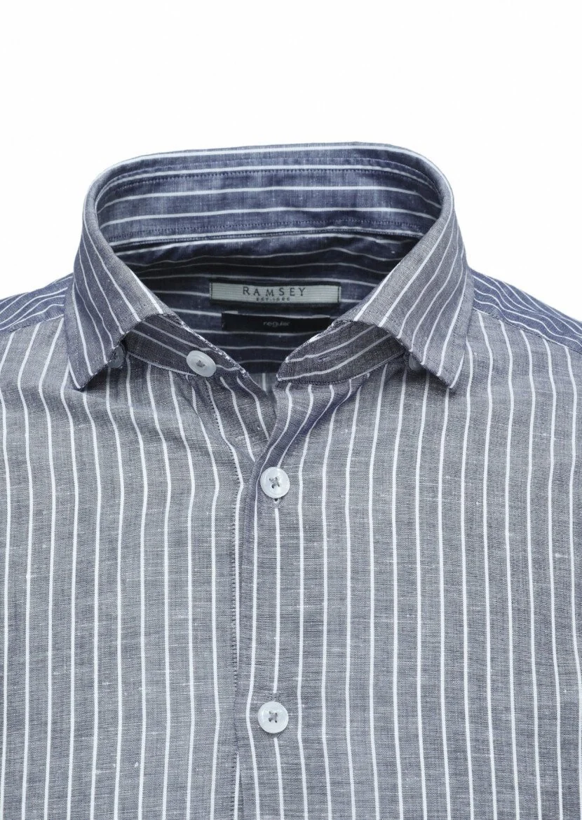 Lacivert Çizgili Regular Fit Dokuma Casual Pamuk Karışımlı Gömlek - 2