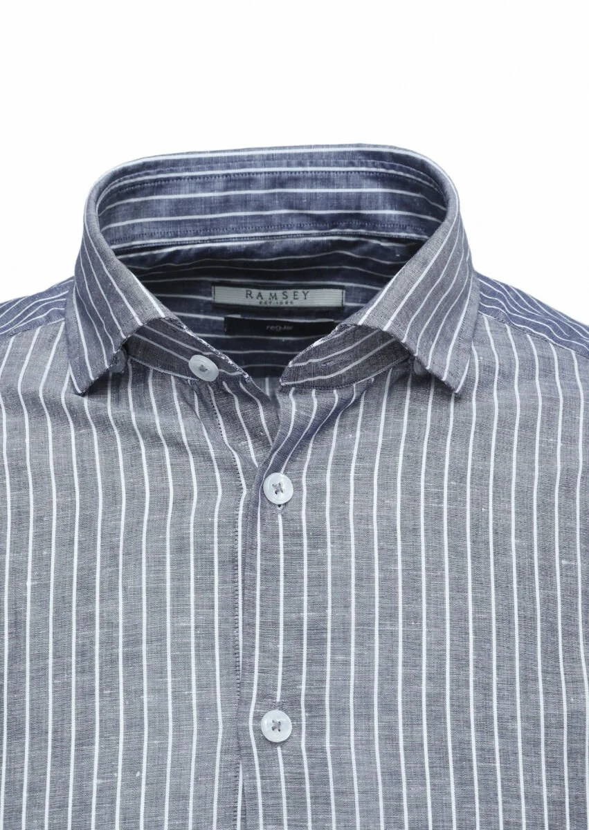 Lacivert Çizgili Regular Fit Dokuma Casual Pamuk Karışımlı Gömlek - 2