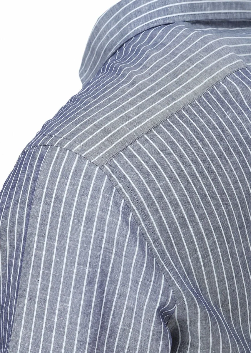 Lacivert Çizgili Regular Fit Dokuma Casual Pamuk Karışımlı Gömlek - 4