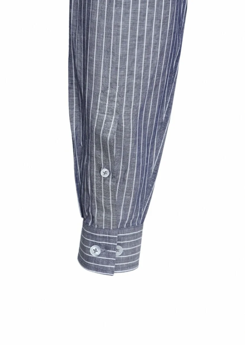 Lacivert Çizgili Regular Fit Dokuma Casual Pamuk Karışımlı Gömlek - 5