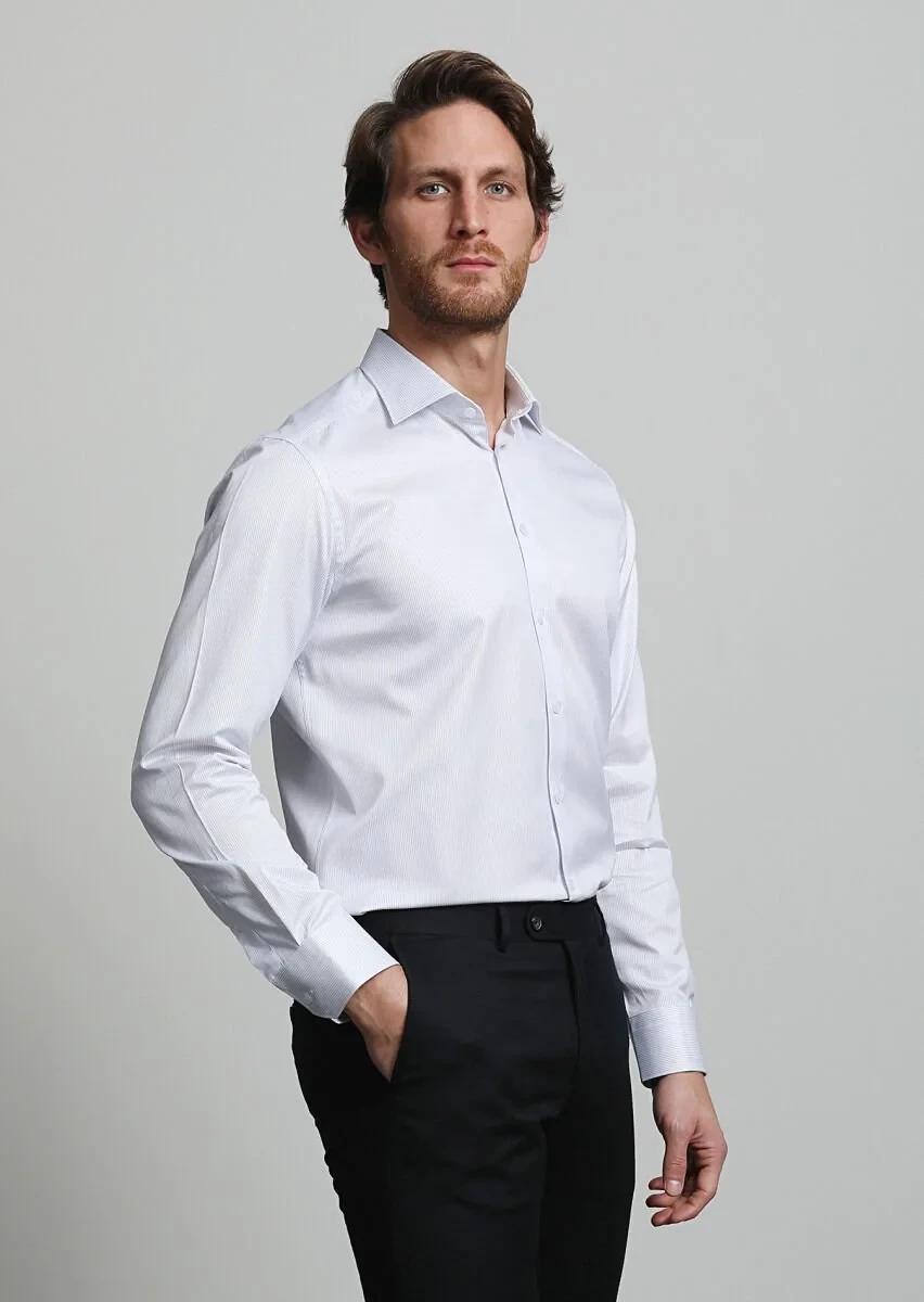 Lacivert Çizgili Regular Fit Dokuma Klasik %100 Pamuk Gömlek - 3