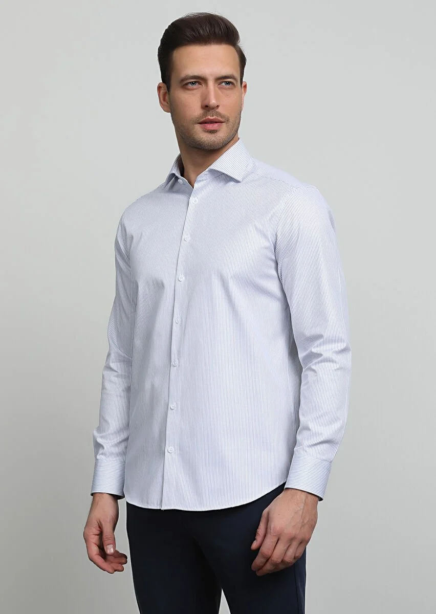 Lacivert Çizgili Regular Fit Dokuma Klasik %100 Pamuk Gömlek - 3