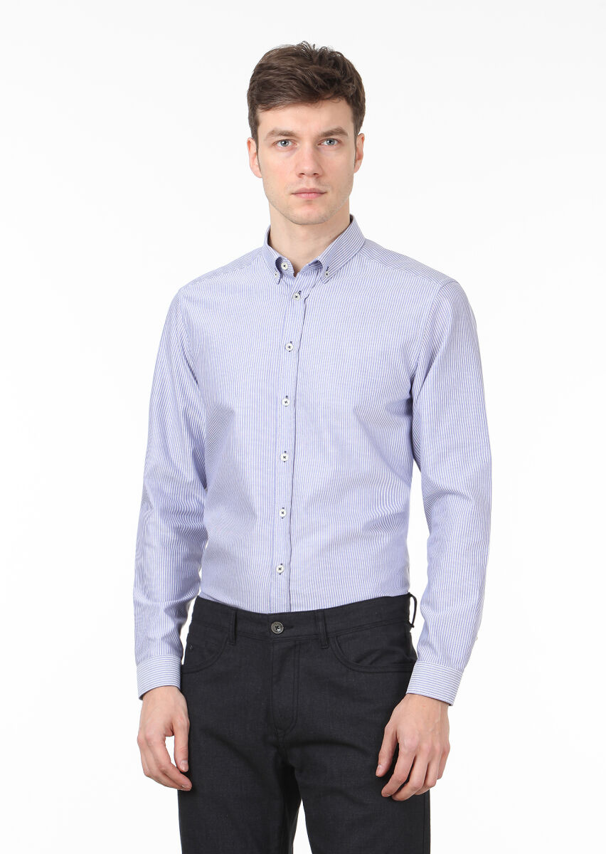 Lacivert Çizgili Regular Fit Uzun Dokuma Casual %100 Pamuk Gömlek - 1