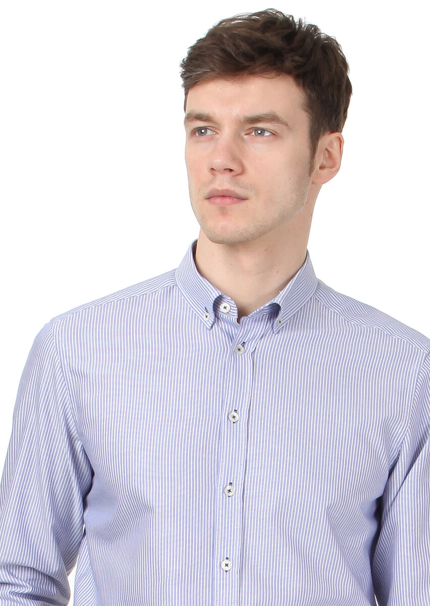 Lacivert Çizgili Regular Fit Uzun Dokuma Casual %100 Pamuk Gömlek - 3