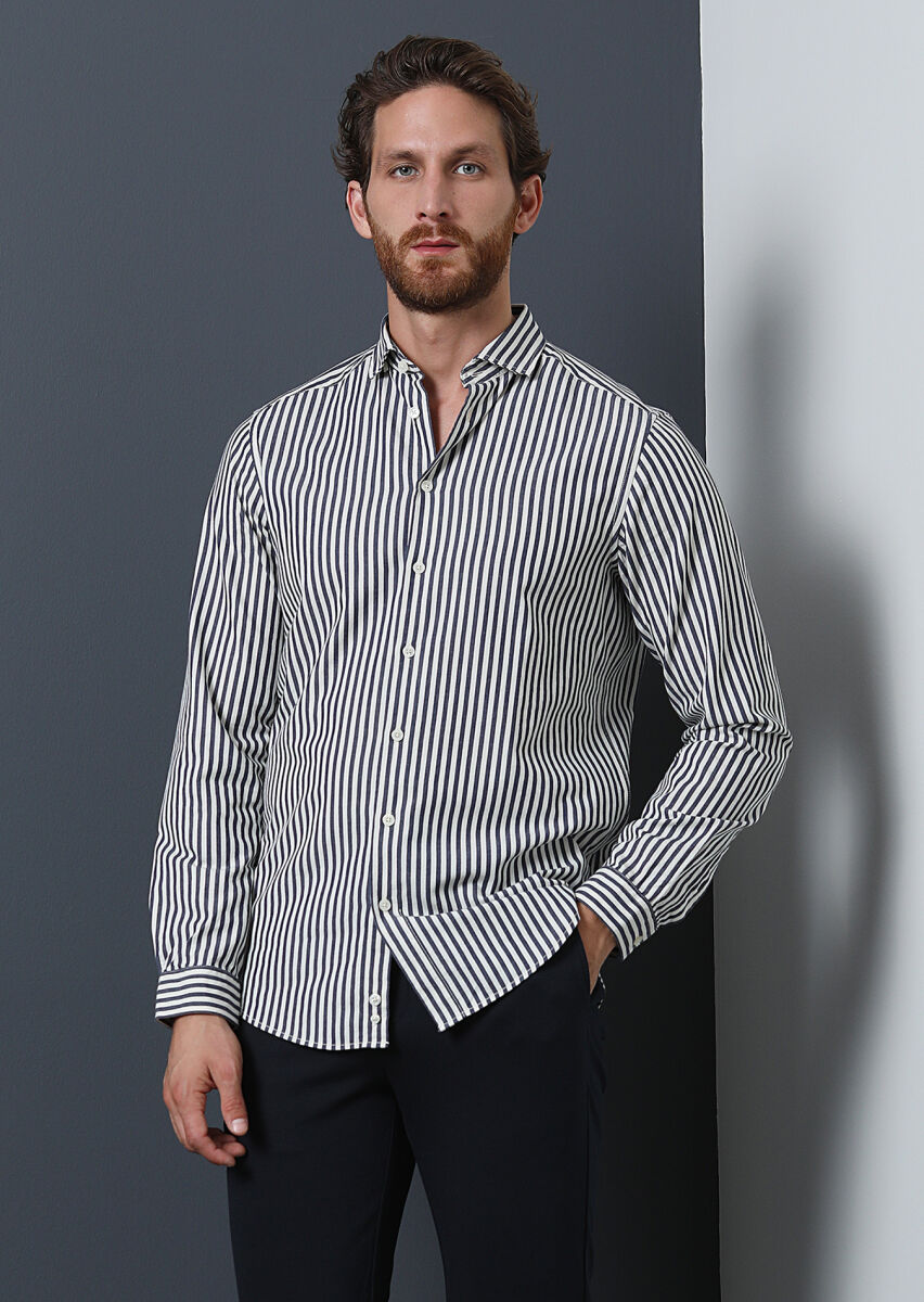 Lacivert Çizgili Regular Fit Uzun Dokuma Casual %100 Pamuk Gömlek - 1