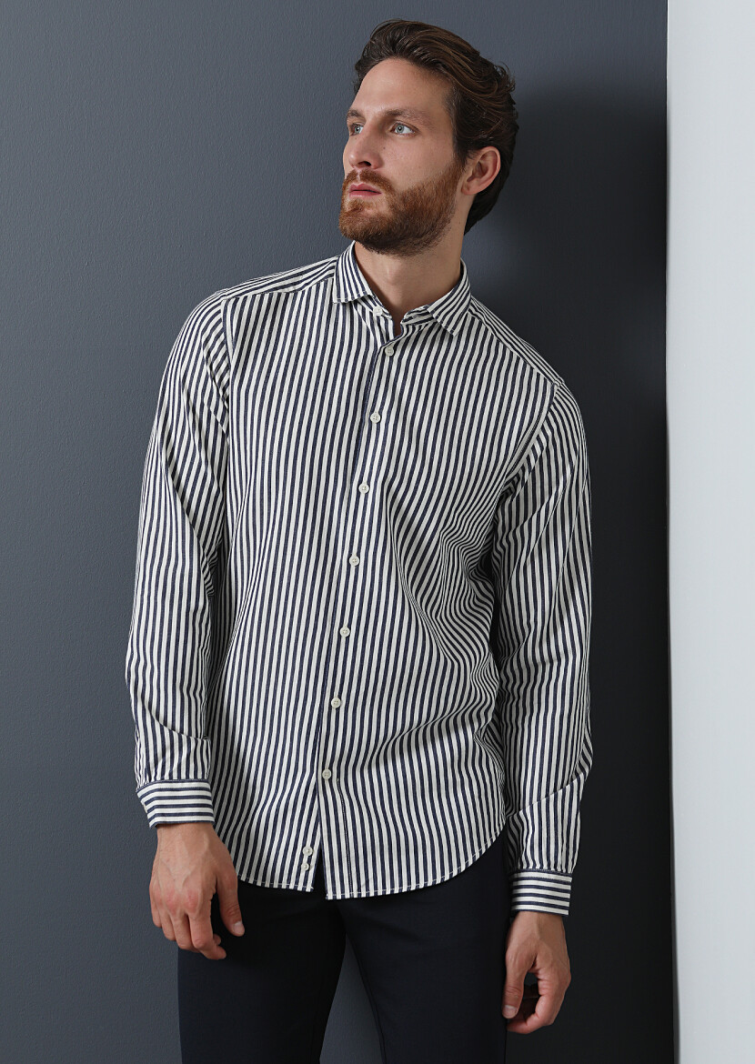 Lacivert Çizgili Regular Fit Uzun Dokuma Casual %100 Pamuk Gömlek - 2