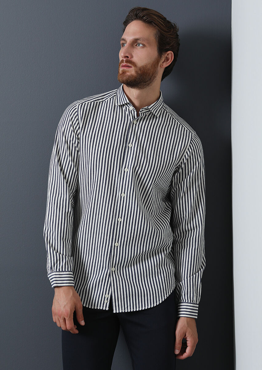 Lacivert Çizgili Regular Fit Uzun Dokuma Casual %100 Pamuk Gömlek - 2