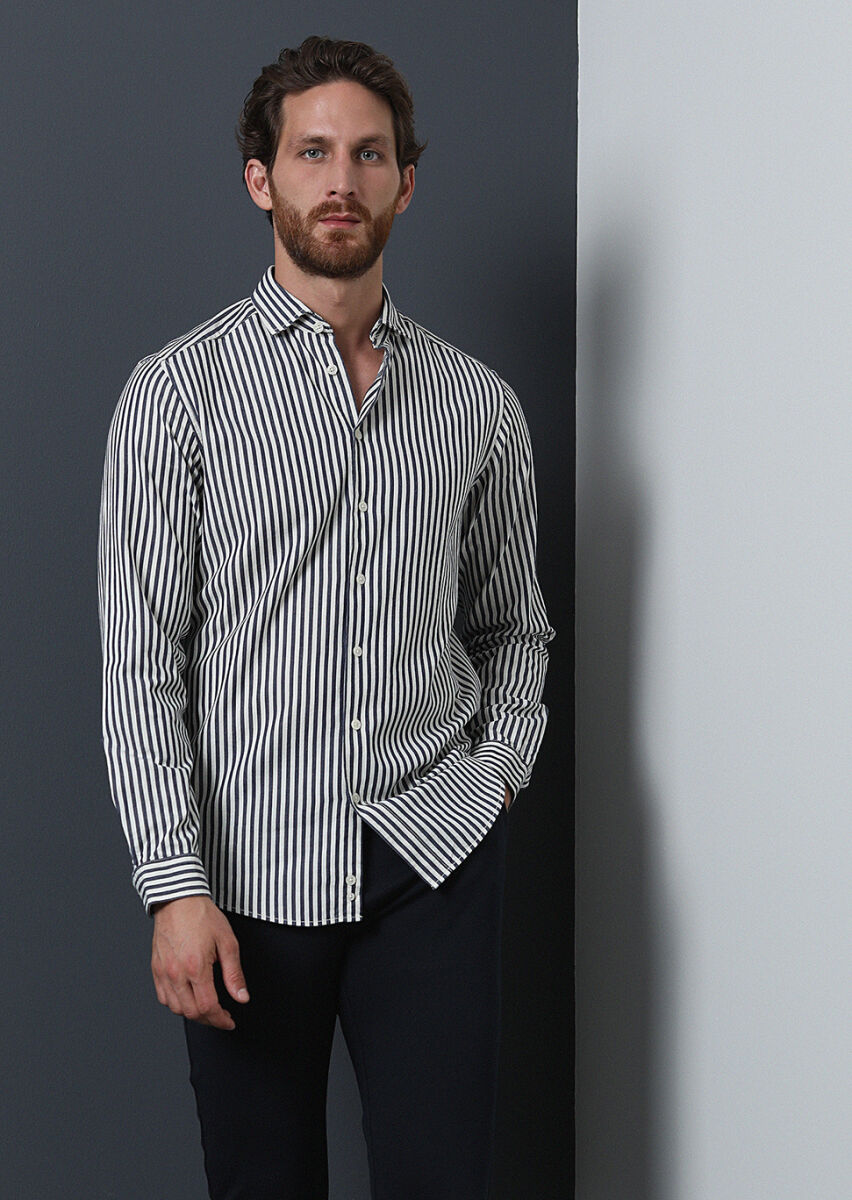 Lacivert Çizgili Regular Fit Uzun Dokuma Casual %100 Pamuk Gömlek - 3