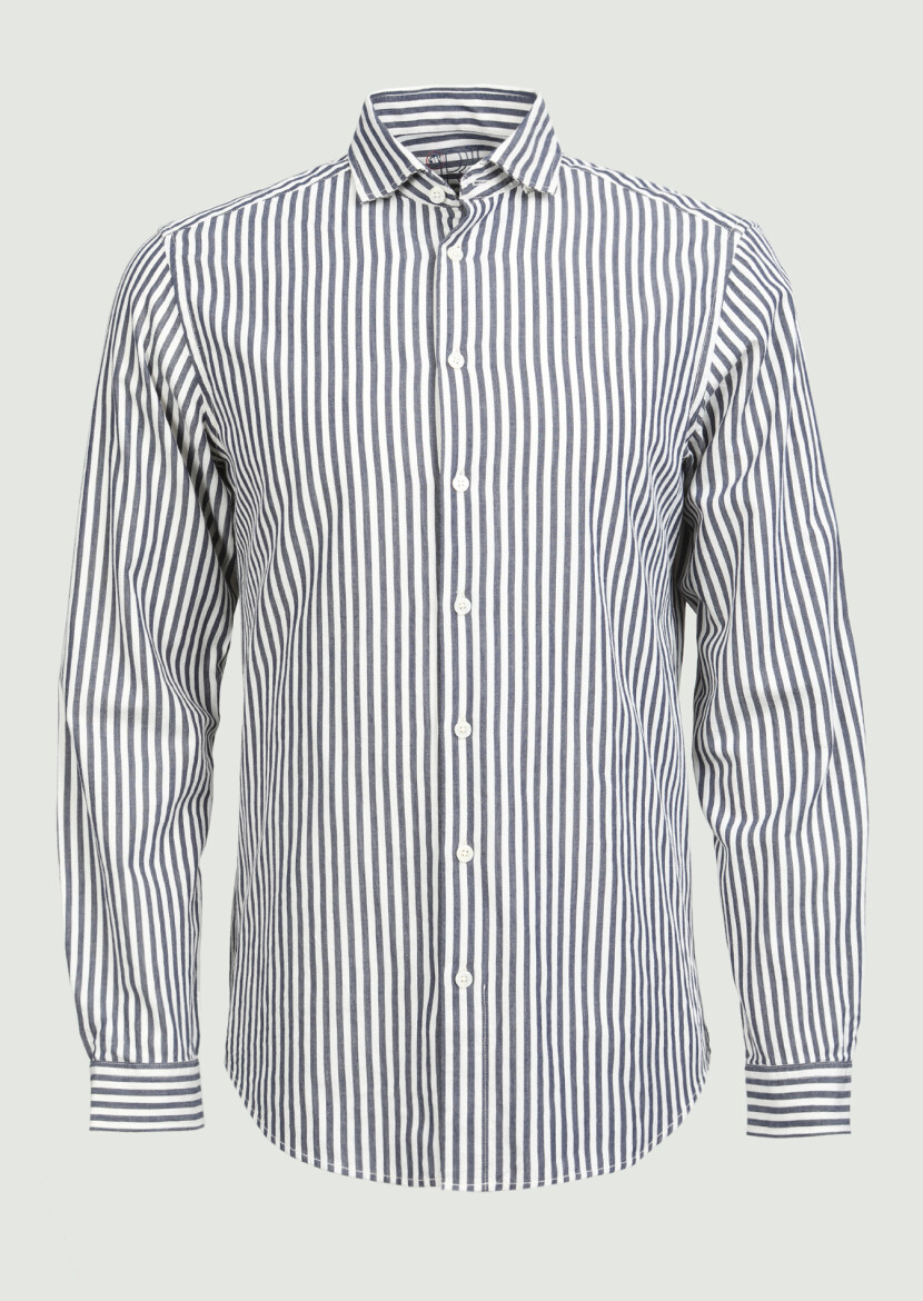 Lacivert Çizgili Regular Fit Uzun Dokuma Casual %100 Pamuk Gömlek - 4