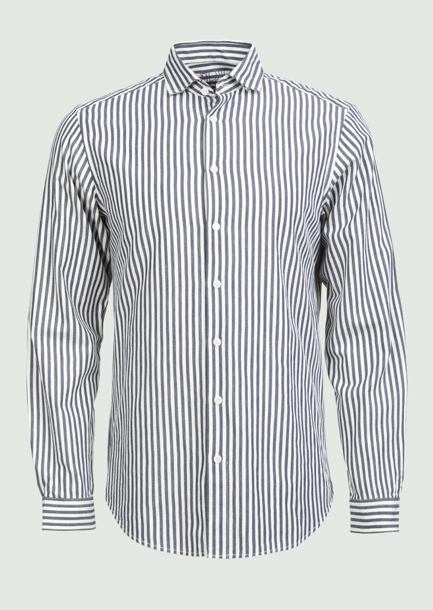 Lacivert Çizgili Regular Fit Uzun Dokuma Casual %100 Pamuk Gömlek - 4