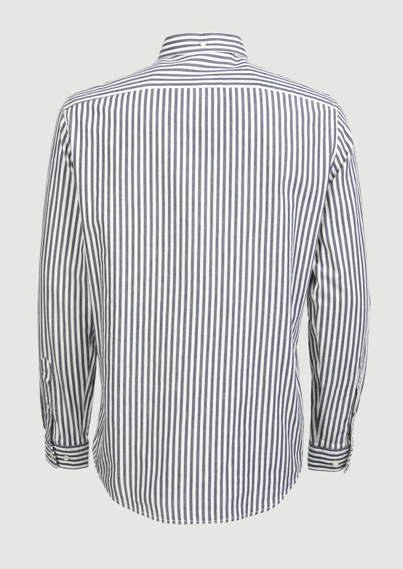 Lacivert Çizgili Regular Fit Uzun Dokuma Casual %100 Pamuk Gömlek - 5