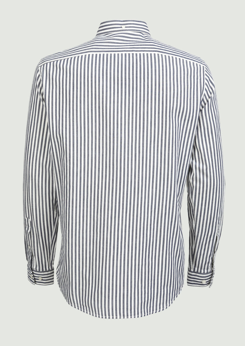 Lacivert Çizgili Regular Fit Uzun Dokuma Casual %100 Pamuk Gömlek - 5