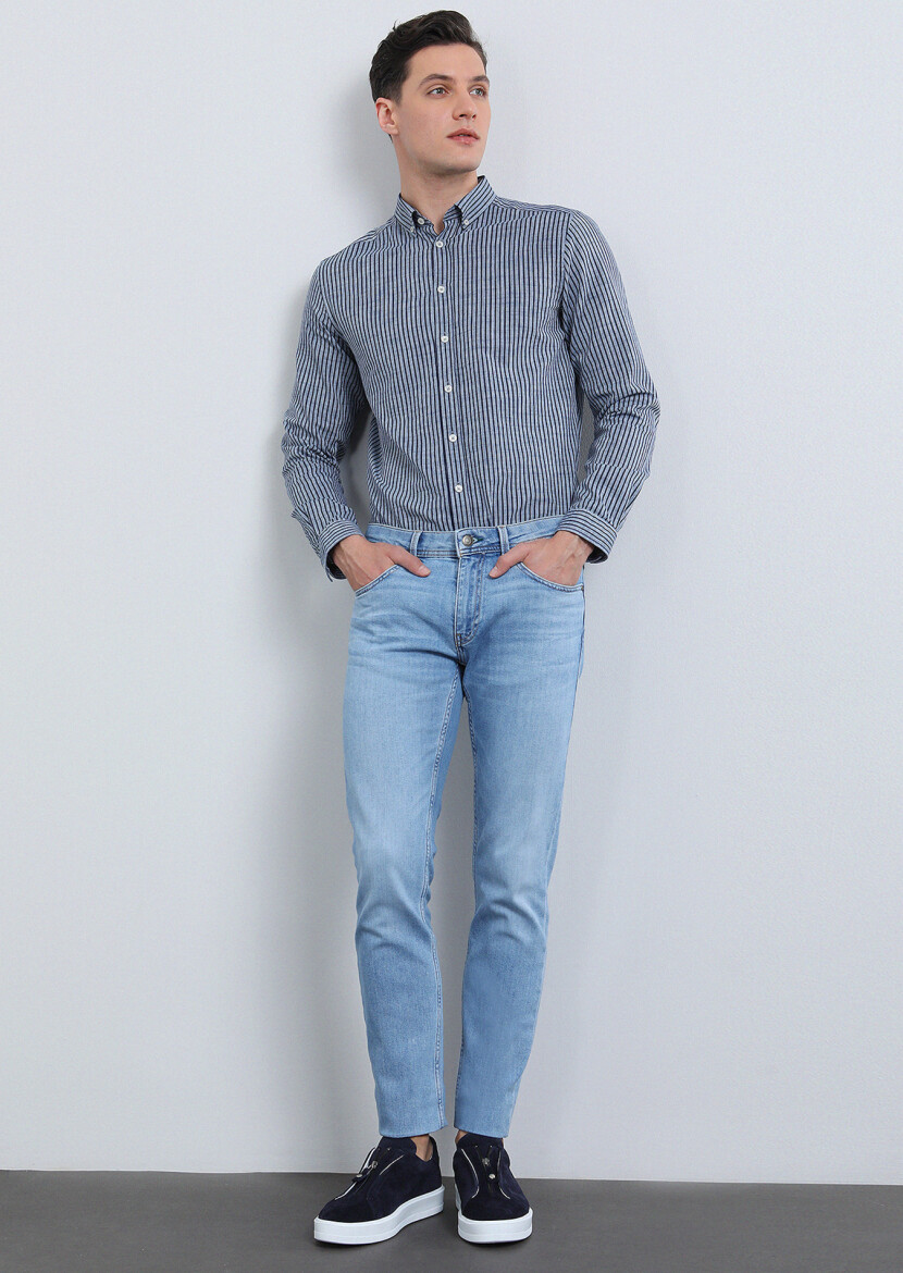 Lacivert Çizgili Regular Fit Uzun Dokuma Casual %100 Pamuk Gömlek - 1