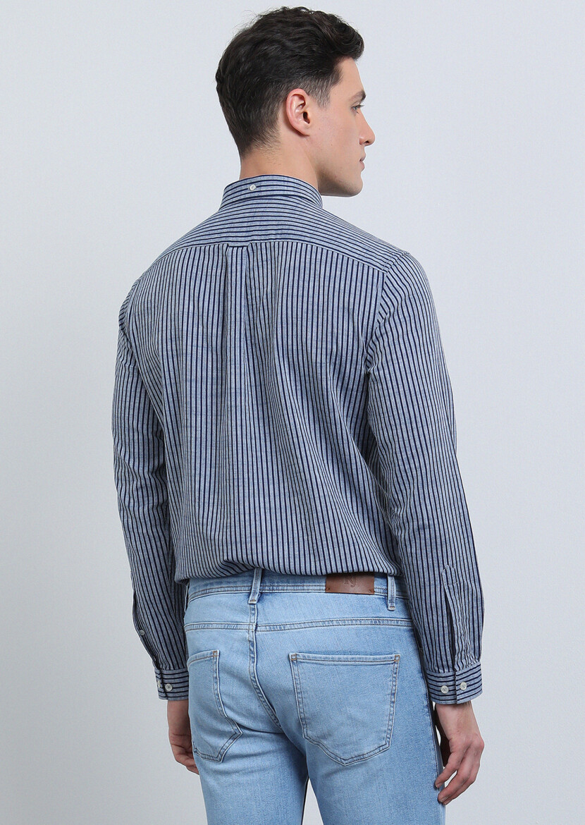 Lacivert Çizgili Regular Fit Uzun Dokuma Casual %100 Pamuk Gömlek - 4