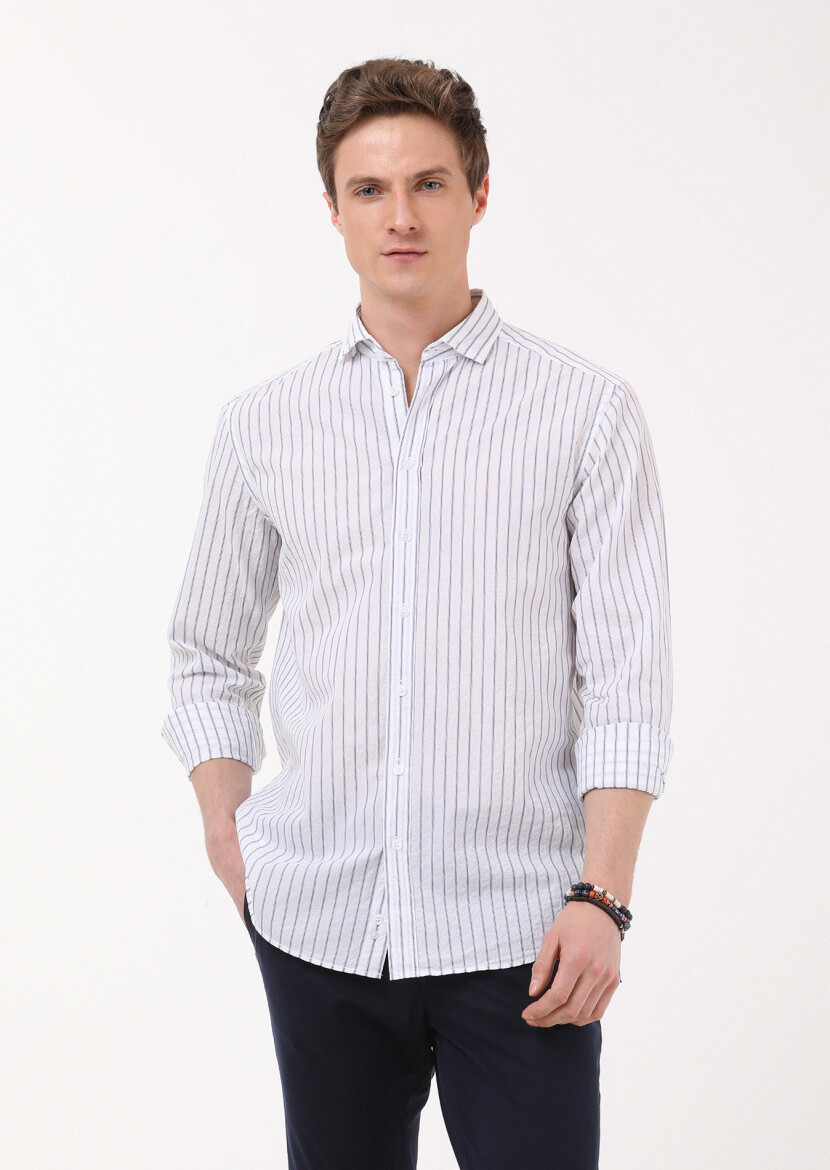 Lacivert Çizgili Regular Fit Uzun Dokuma Casual Pamuk Karışımlı Gömlek - 1